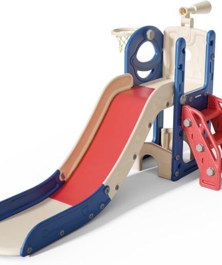 6 in 1 Toddler Slide for Toddlers Age 1-3, Extra-Long Slide with Basketball Hoop Indoor and Outdoor Baby Climber Playset Playground Freestanding Slide (Small, Red+Blue)