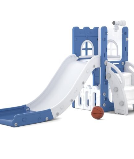 6 in 1 Toddler Slide for Toddler&Kids,Kids Climber Slider for Indoor Outdoor Playground with Storage,Telescope,Basketball Hoop and L Shaped Slide for Toddler Climber Playset,Blue