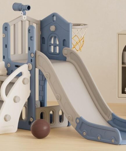 5 in 1 Toddler Slide, Kids Slide for Toddlers Age 1-3, Outdoor Indoor Playset for Toddlers with Basketball Hoop and Ball, Storage Space Birthday Gifts for Toddler (Blue)