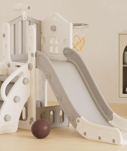 5 in 1 Toddler Slide, Kids Slide for Toddlers Age 1-3, Outdoor Indoor Playset for Toddlers with Basketball Hoop and Ball, Storage Space Christmas Birthday Gifts for Toddler