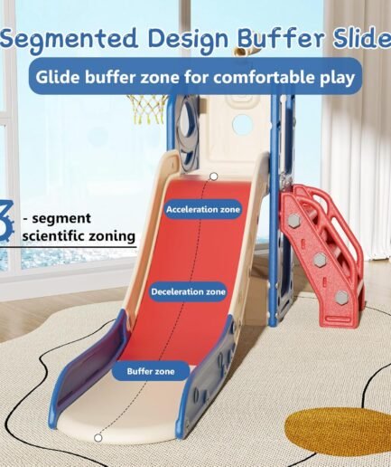 6 in 1 Toddler Slide for Toddlers Age 1-3, Extra-Long Slide with Basketball Hoop Indoor and Outdoor Baby Climber Playset Playground Freestanding Slide (Small, Red+Blue)