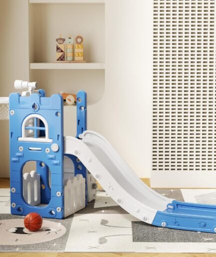 6 in 1 Toddler Slide for Toddler&Kids,Kids Climber Slider for Indoor Outdoor Playground with Storage,Telescope,Basketball Hoop and L Shaped Slide for Toddler Climber Playset,Blue